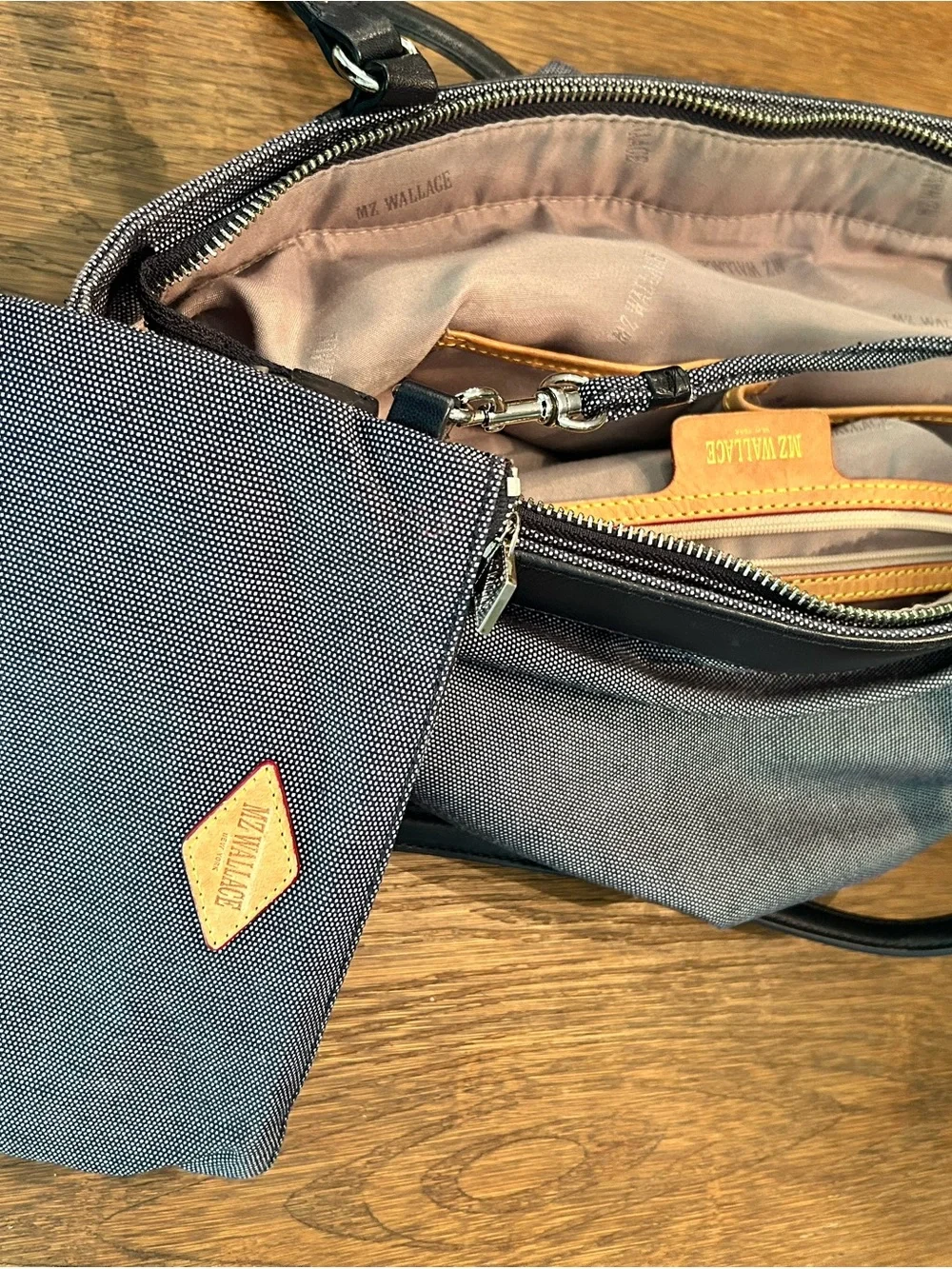 MZ Wallace navy canvas tote with leather pocket and handles